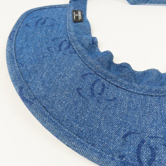 Authentic CHANEL CC Denim Hat Sun Visor Ribbon Tie Wide Brim Bucket Cap Vintage - Picture 8 of 10